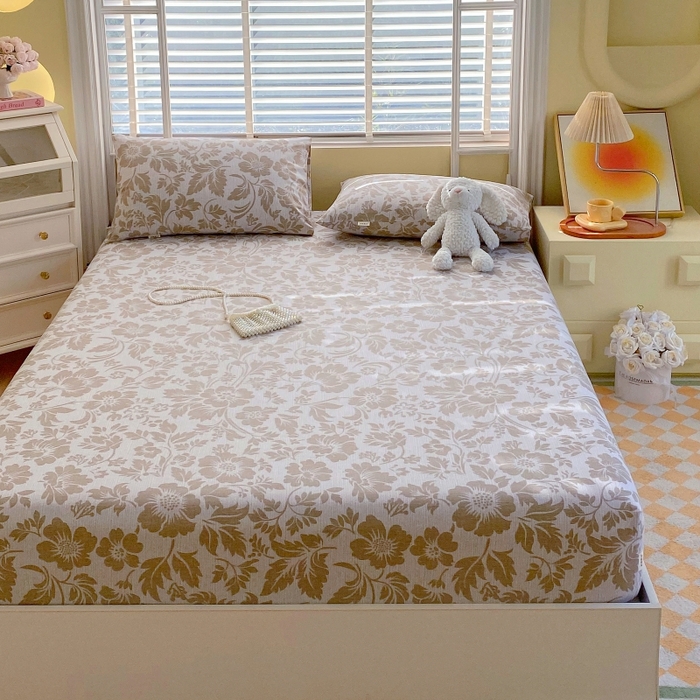 91家纺网 家纺一手货源 找家纺 慕尚家纺 2025新款全棉纯棉老粗布花卉床笠款凉席席子 青花-黄