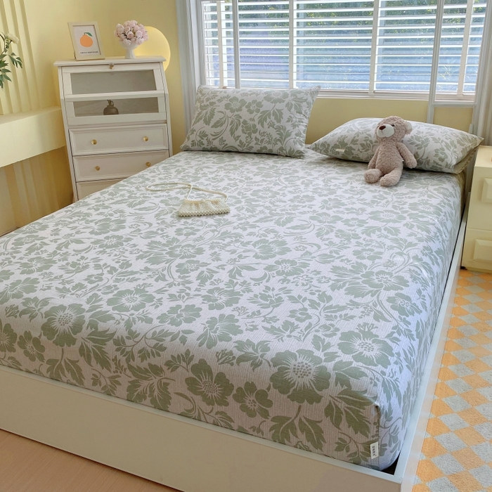 91家纺网 家纺一手货源 找家纺 慕尚家纺 2025新款全棉纯棉老粗布花卉床笠款凉席席子 青花-绿