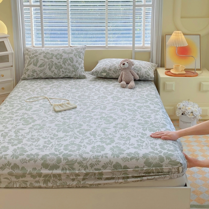 91家纺网 家纺一手货源 找家纺 慕尚家纺 2025新款全棉纯棉老粗布花卉床笠款凉席席子 青花-绿