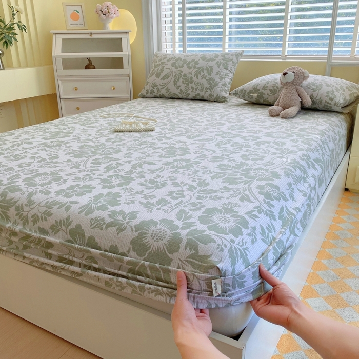 91家纺网 家纺一手货源 找家纺 慕尚家纺 2025新款全棉纯棉老粗布花卉床笠款凉席席子 青花-绿