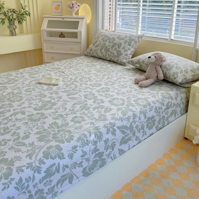 91家纺网 家纺一手货源 找家纺 慕尚家纺 2025新款全棉纯棉老粗布花卉床笠款凉席席子 青花-绿