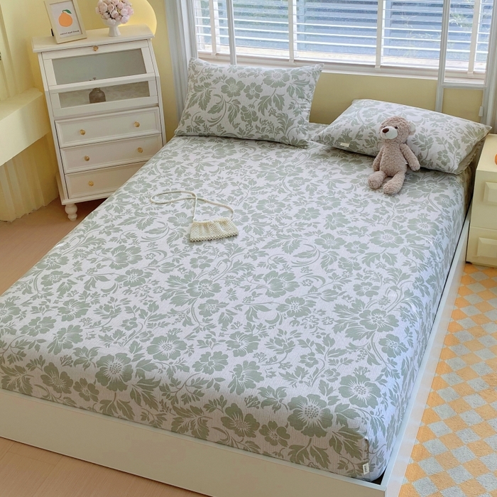 91家纺网 家纺一手货源 找家纺 慕尚家纺 2025新款全棉纯棉老粗布花卉床笠款凉席席子 青花-绿