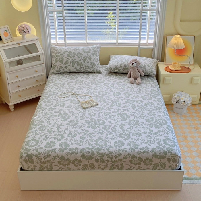 91家纺网 家纺一手货源 找家纺 慕尚家纺 2025新款全棉纯棉老粗布花卉床笠款凉席席子 青花-绿