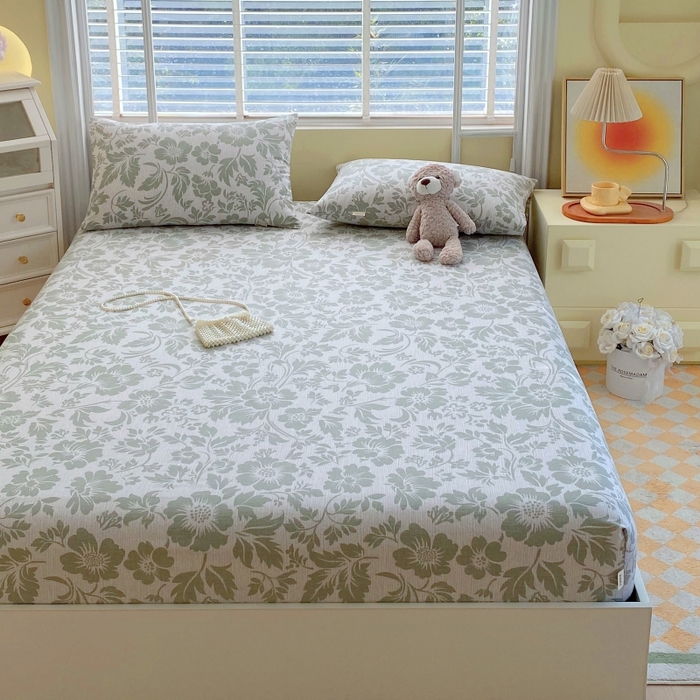 91家纺网 家纺一手货源 找家纺 慕尚家纺 2025新款全棉纯棉老粗布花卉床笠款凉席席子 青花-绿