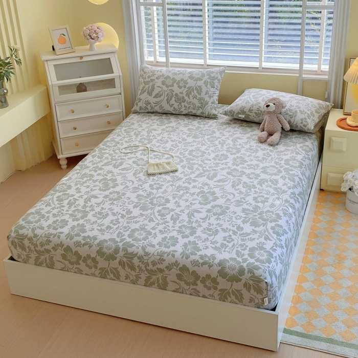 91家纺网 家纺一手货源 找家纺 慕尚家纺 2025新款全棉纯棉老粗布花卉床笠款凉席席子 青花-绿