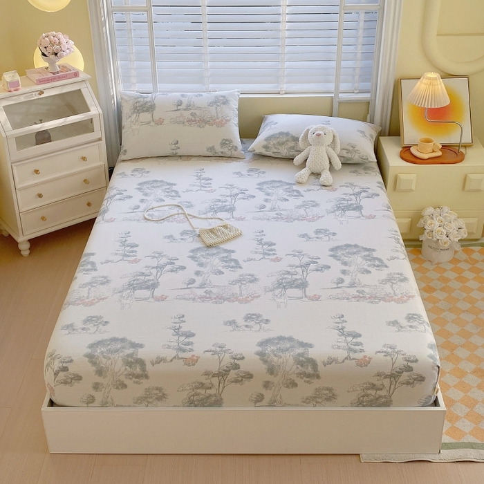 91家纺网 家纺一手货源 找家纺 慕尚家纺 2025新款全棉纯棉老粗布花卉床笠款凉席席子 水墨江南