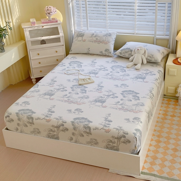 91家纺网 家纺一手货源 找家纺 慕尚家纺 2025新款全棉纯棉老粗布花卉床笠款凉席席子 水墨江南