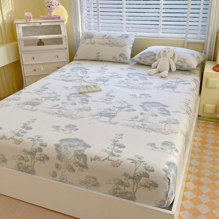 91家纺网 家纺一手货源 找家纺 慕尚家纺 2025新款全棉纯棉老粗布花卉床笠款凉席席子 水墨江南