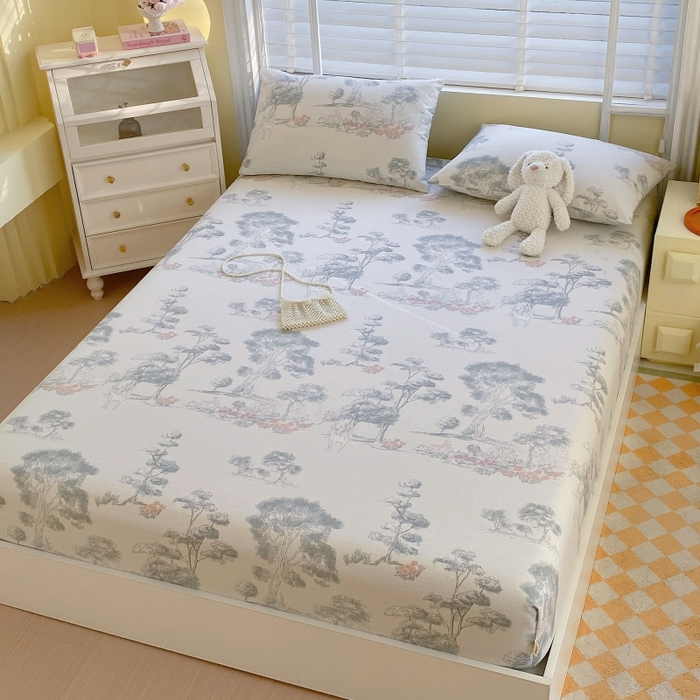 91家纺网 家纺一手货源 找家纺 慕尚家纺 2025新款全棉纯棉老粗布花卉床笠款凉席席子 水墨江南