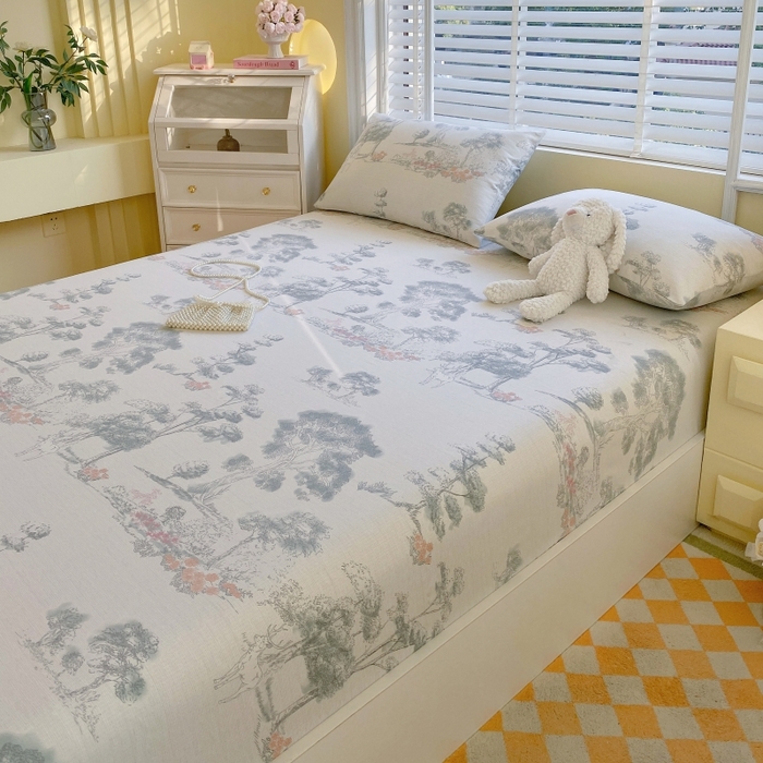 91家纺网 家纺一手货源 找家纺 慕尚家纺 2025新款全棉纯棉老粗布花卉床笠款凉席席子 水墨江南