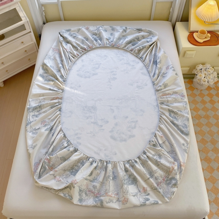 91家纺网 家纺一手货源 找家纺 慕尚家纺 2025新款全棉纯棉老粗布花卉床笠款凉席席子 水墨江南