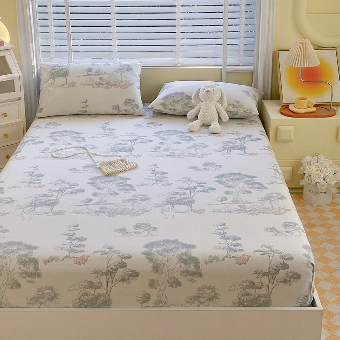 91家纺网 家纺一手货源 找家纺 慕尚家纺 2025新款全棉纯棉老粗布花卉床笠款凉席席子 水墨江南