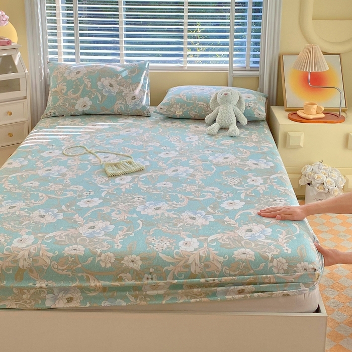 91家纺网 家纺一手货源 找家纺 慕尚家纺 2025新款全棉纯棉老粗布花卉床笠款凉席席子 闲趣花开