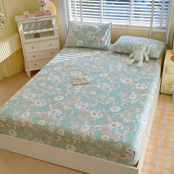 91家纺网 家纺一手货源 找家纺 慕尚家纺 2025新款全棉纯棉老粗布花卉床笠款凉席席子 闲趣花开