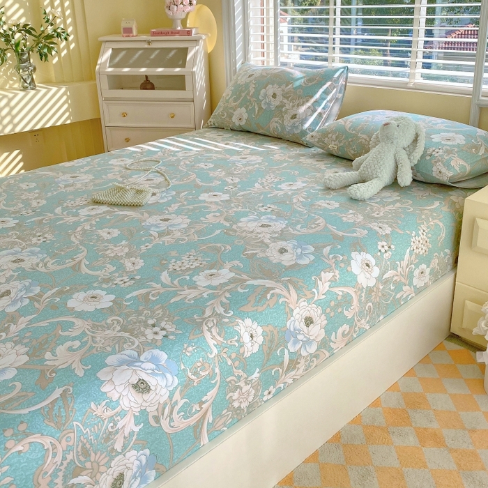 91家纺网 家纺一手货源 找家纺 慕尚家纺 2025新款全棉纯棉老粗布花卉床笠款凉席席子 闲趣花开