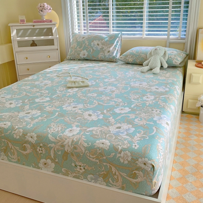 91家纺网 家纺一手货源 找家纺 慕尚家纺 2025新款全棉纯棉老粗布花卉床笠款凉席席子 闲趣花开