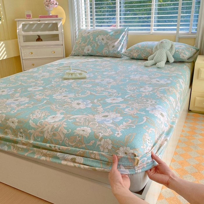 91家纺网 家纺一手货源 找家纺 慕尚家纺 2025新款全棉纯棉老粗布花卉床笠款凉席席子 闲趣花开