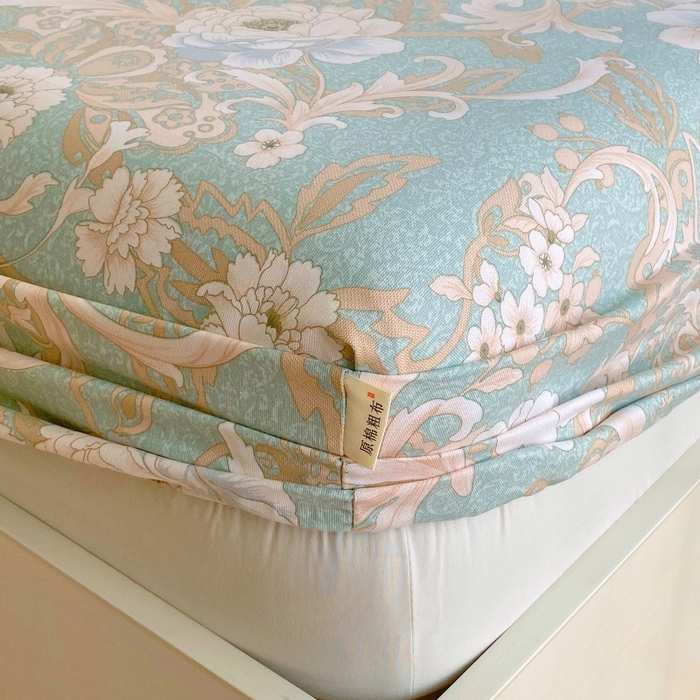 91家纺网 家纺一手货源 找家纺 慕尚家纺 2025新款全棉纯棉老粗布花卉床笠款凉席席子 闲趣花开