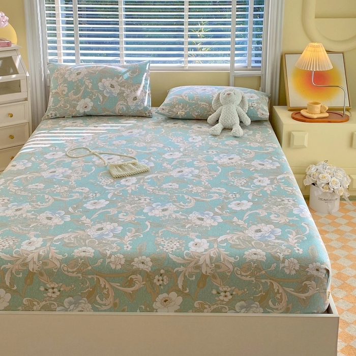 91家纺网 家纺一手货源 找家纺 慕尚家纺 2025新款全棉纯棉老粗布花卉床笠款凉席席子 闲趣花开