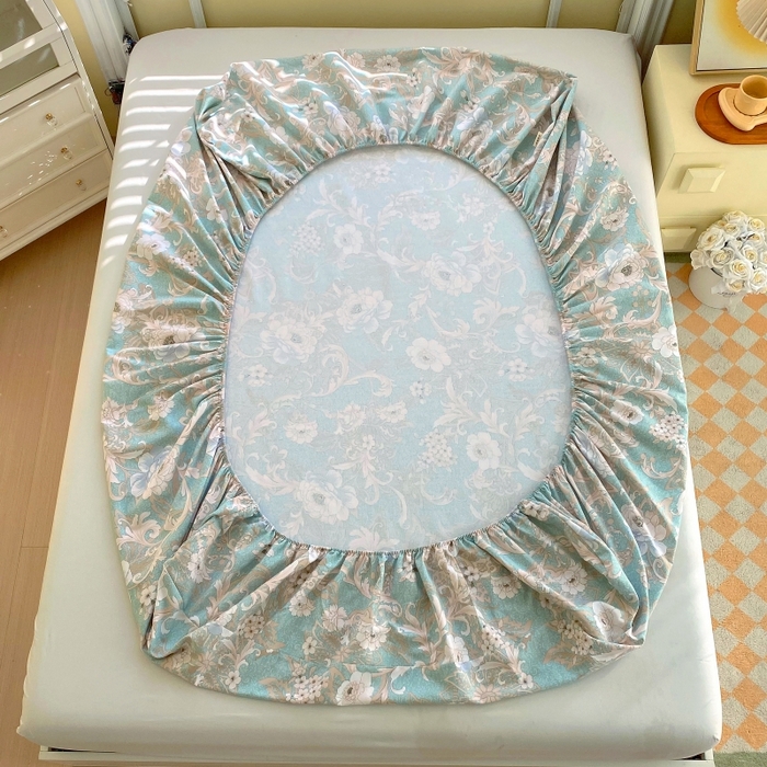 91家纺网 家纺一手货源 找家纺 慕尚家纺 2025新款全棉纯棉老粗布花卉床笠款凉席席子 闲趣花开