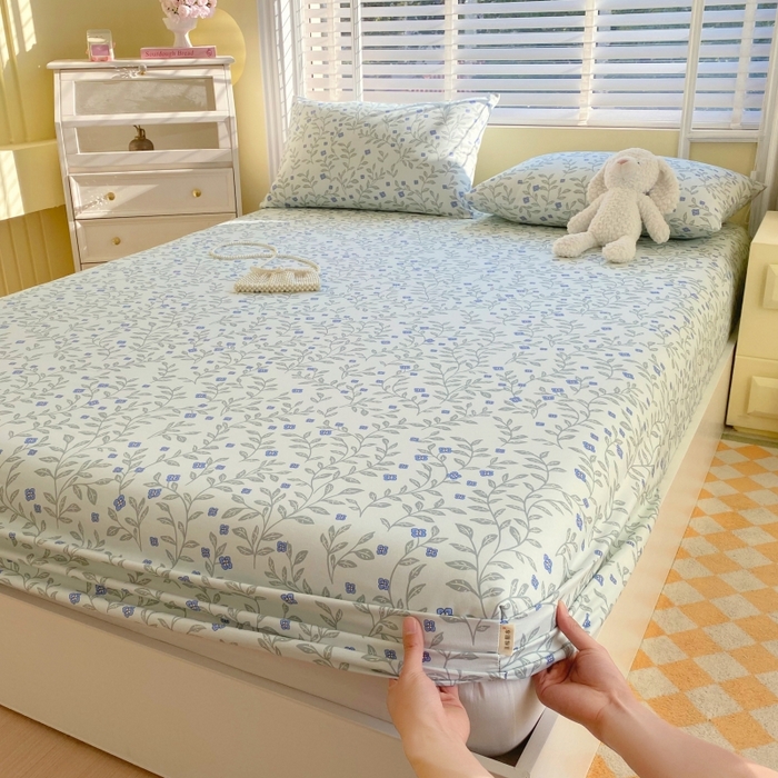 91家纺网 家纺一手货源 找家纺 慕尚家纺 2025新款全棉纯棉老粗布花卉床笠款凉席席子 幸运草