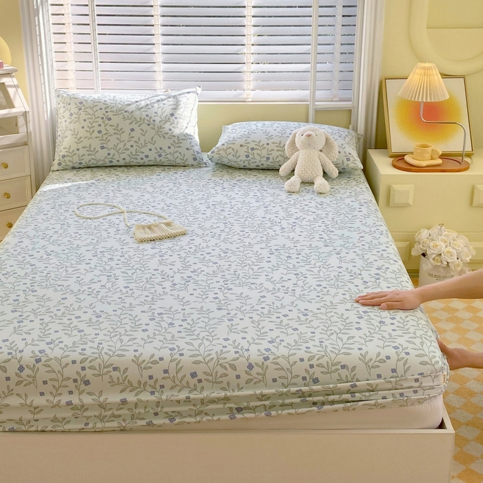 91家纺网 家纺一手货源 找家纺 慕尚家纺 2025新款全棉纯棉老粗布花卉床笠款凉席席子 幸运草