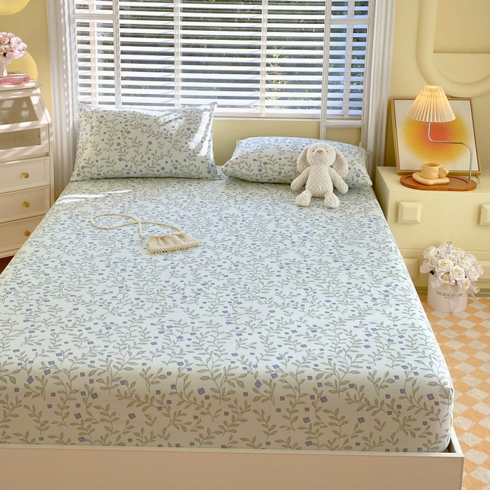 91家纺网 家纺一手货源 找家纺 慕尚家纺 2025新款全棉纯棉老粗布花卉床笠款凉席席子 幸运草