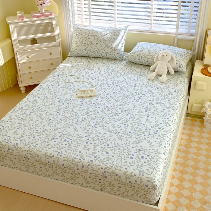 91家纺网 家纺一手货源 找家纺 慕尚家纺 2025新款全棉纯棉老粗布花卉床笠款凉席席子 幸运草