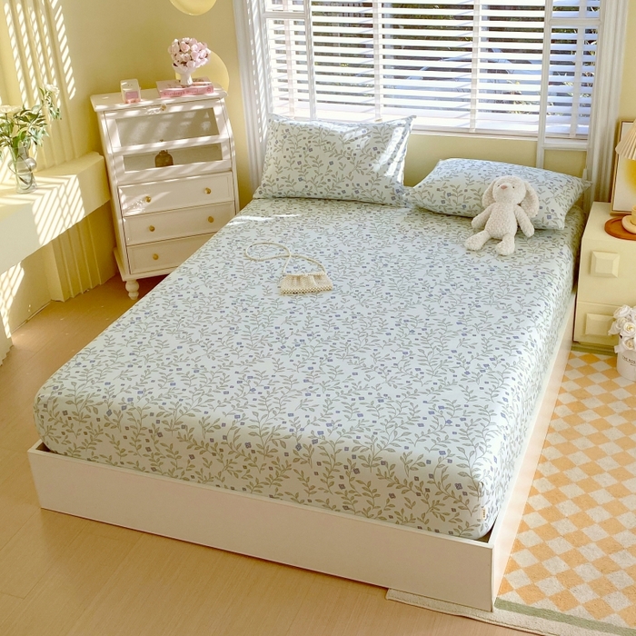 91家纺网 家纺一手货源 找家纺 慕尚家纺 2025新款全棉纯棉老粗布花卉床笠款凉席席子 幸运草