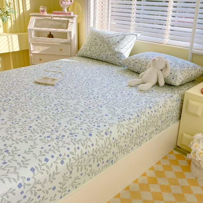 91家纺网 家纺一手货源 找家纺 慕尚家纺 2025新款全棉纯棉老粗布花卉床笠款凉席席子 幸运草