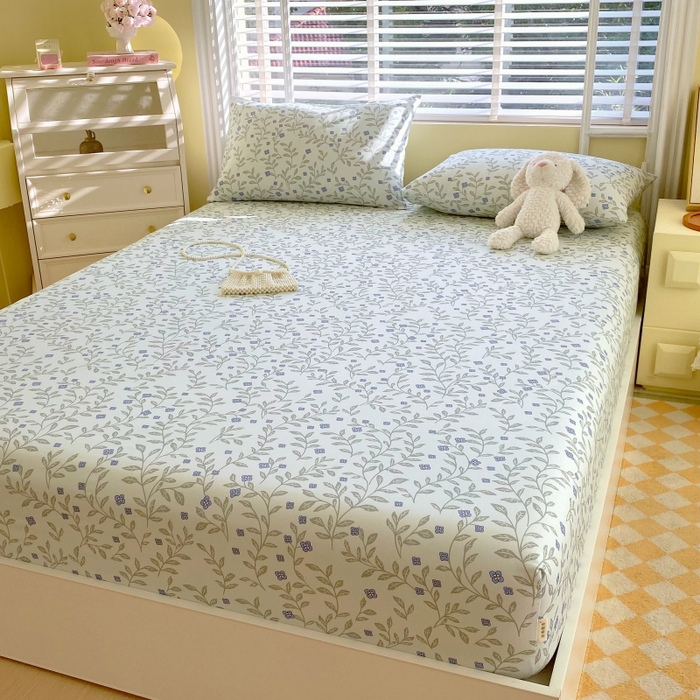 91家纺网 家纺一手货源 找家纺 慕尚家纺 2025新款全棉纯棉老粗布花卉床笠款凉席席子 幸运草