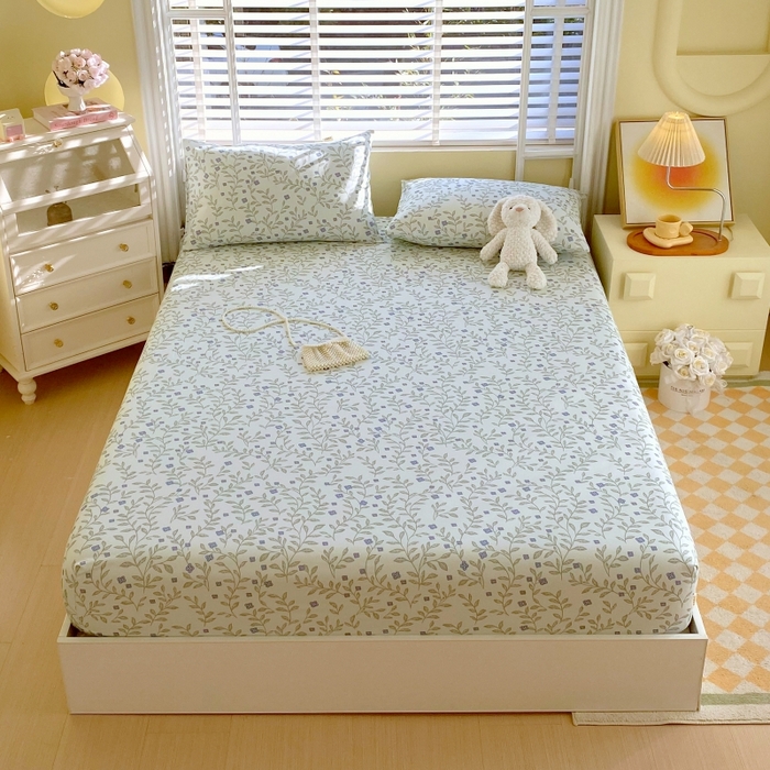 91家纺网 家纺一手货源 找家纺 慕尚家纺 2025新款全棉纯棉老粗布花卉床笠款凉席席子 幸运草