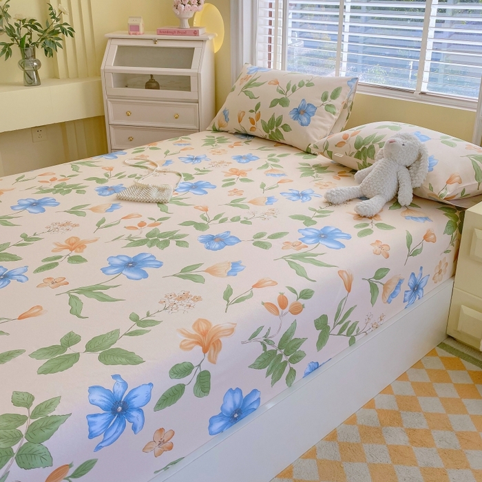 91家纺网 家纺一手货源 找家纺 慕尚家纺 2025新款全棉纯棉老粗布花卉床笠款凉席席子 依恋