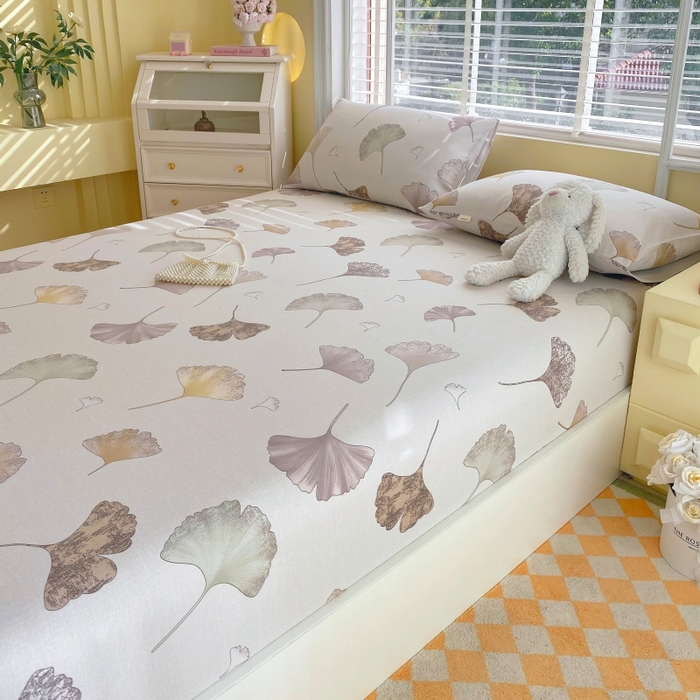 91家纺网 家纺一手货源 找家纺 慕尚家纺 2025新款全棉纯棉老粗布花卉床笠款凉席席子 银杏叶