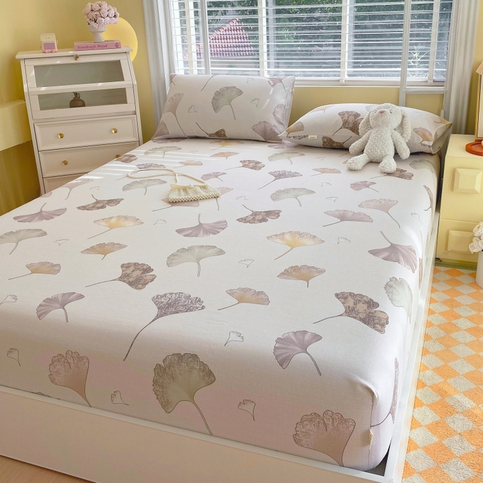 91家纺网 家纺一手货源 找家纺 慕尚家纺 2025新款全棉纯棉老粗布花卉床笠款凉席席子 银杏叶