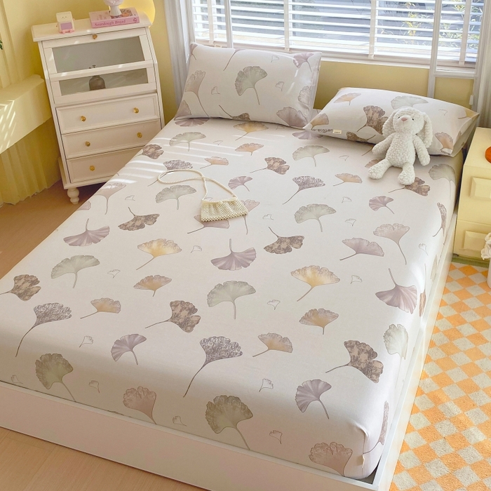 91家纺网 家纺一手货源 找家纺 慕尚家纺 2025新款全棉纯棉老粗布花卉床笠款凉席席子 银杏叶