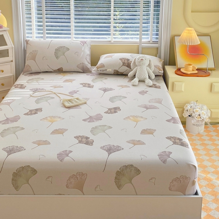 91家纺网 家纺一手货源 找家纺 慕尚家纺 2025新款全棉纯棉老粗布花卉床笠款凉席席子 银杏叶