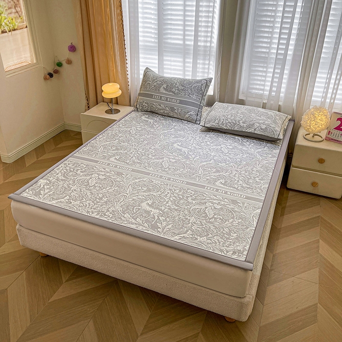 91家纺网 家纺一手货源 找家纺 全季家居 2025新款A类乙纶PE花卉轻奢提花系列凉豆豆席 床席款-麋鹿花园-浅灰