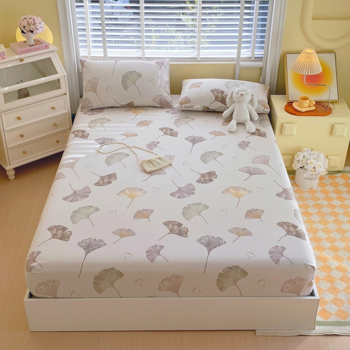 91家纺网 家纺一手货源 找家纺 慕尚家纺 2025新款全棉纯棉老粗布花卉床笠款凉席席子 银杏叶