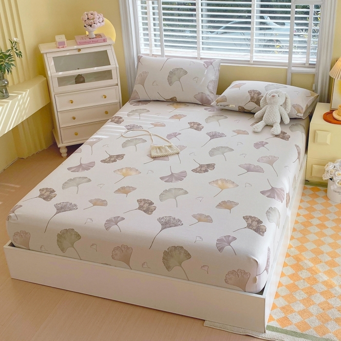 91家纺网 家纺一手货源 找家纺 慕尚家纺 2025新款全棉纯棉老粗布花卉床笠款凉席席子 银杏叶