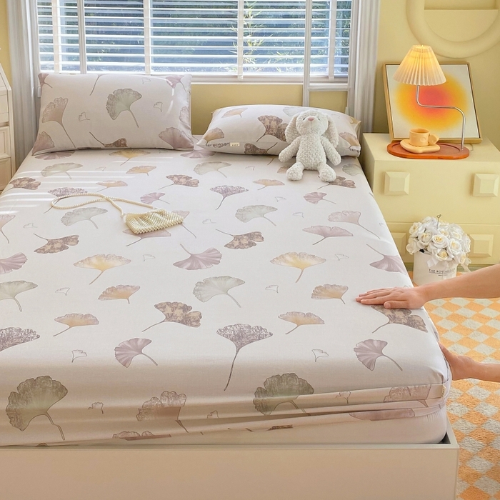 91家纺网 家纺一手货源 找家纺 慕尚家纺 2025新款全棉纯棉老粗布花卉床笠款凉席席子 银杏叶