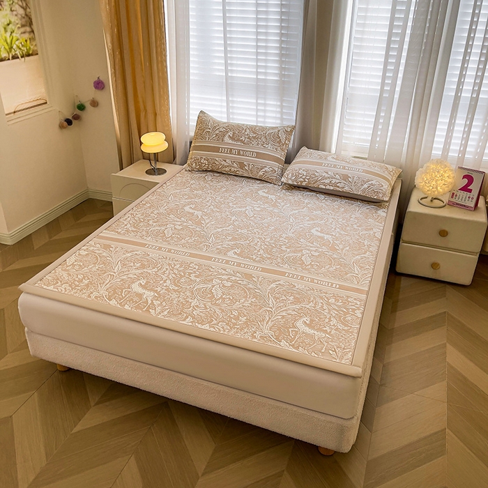 91家纺网 家纺一手货源 找家纺 全季家居 2025新款A类乙纶PE花卉轻奢提花系列凉豆豆席 床席款-麋鹿花园-浅咖