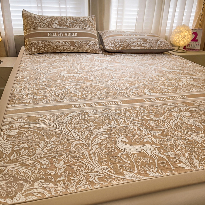 91家纺网 家纺一手货源 找家纺 全季家居 2025新款A类乙纶PE花卉轻奢提花系列凉豆豆席 床席款-麋鹿花园-浅咖