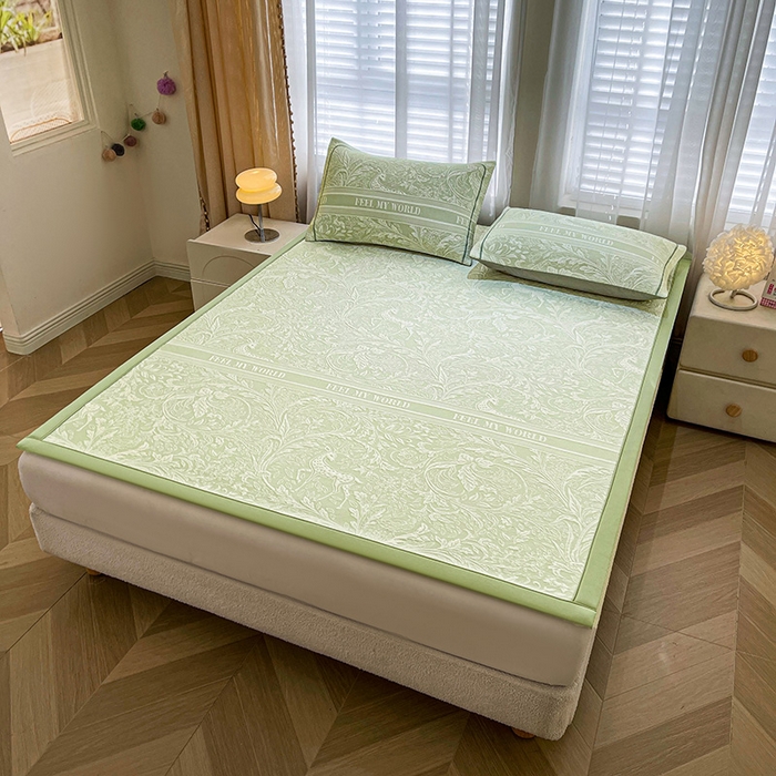 91家纺网 家纺一手货源 找家纺 全季家居 2025新款A类乙纶PE花卉轻奢提花系列凉豆豆席 床席款-麋鹿花园-水绿