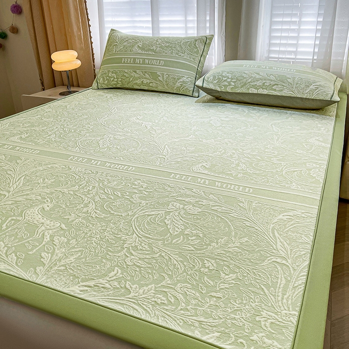 91家纺网 家纺一手货源 找家纺 全季家居 2025新款A类乙纶PE花卉轻奢提花系列凉豆豆席 床席款-麋鹿花园-水绿