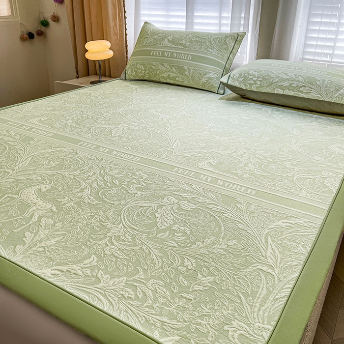 91家纺网 家纺一手货源 找家纺 全季家居 2025新款A类乙纶PE花卉轻奢提花系列凉豆豆席 床席款-麋鹿花园-水绿