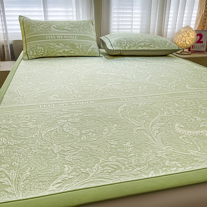 91家纺网 家纺一手货源 找家纺 全季家居 2025新款A类乙纶PE花卉轻奢提花系列凉豆豆席 床席款-麋鹿花园-水绿