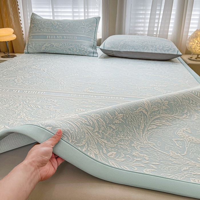 91家纺网 家纺一手货源 找家纺 全季家居 2025新款A类乙纶PE花卉轻奢提花系列凉豆豆席 床席款-麋鹿花园-天蓝