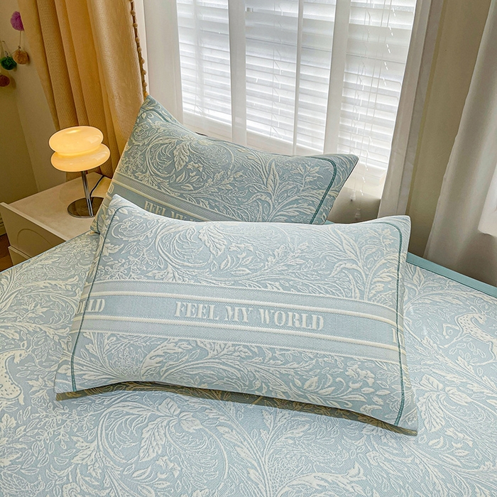 91家纺网 家纺一手货源 找家纺 全季家居 2025新款A类乙纶PE花卉轻奢提花系列凉豆豆席 床席款-麋鹿花园-天蓝