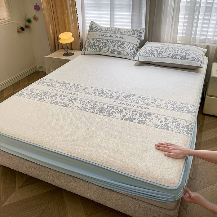 全季家居 2025新款A类乙纶PE花卉轻奢提花系列凉豆豆席 床笠款-浪漫枫林-天蓝